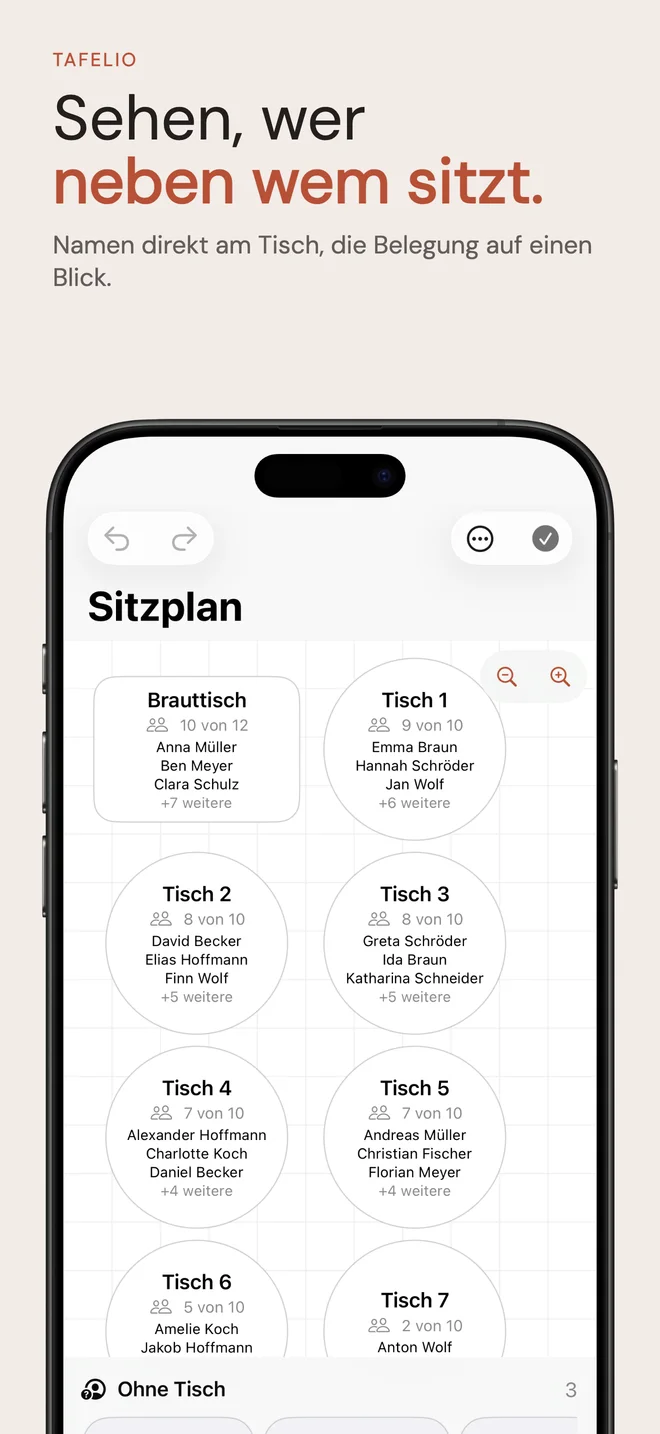 Vorschau der Tafelio iPhone-App: Namen und belegte Plätze direkt an den Tischen, darunter Gäste ohne Tisch.